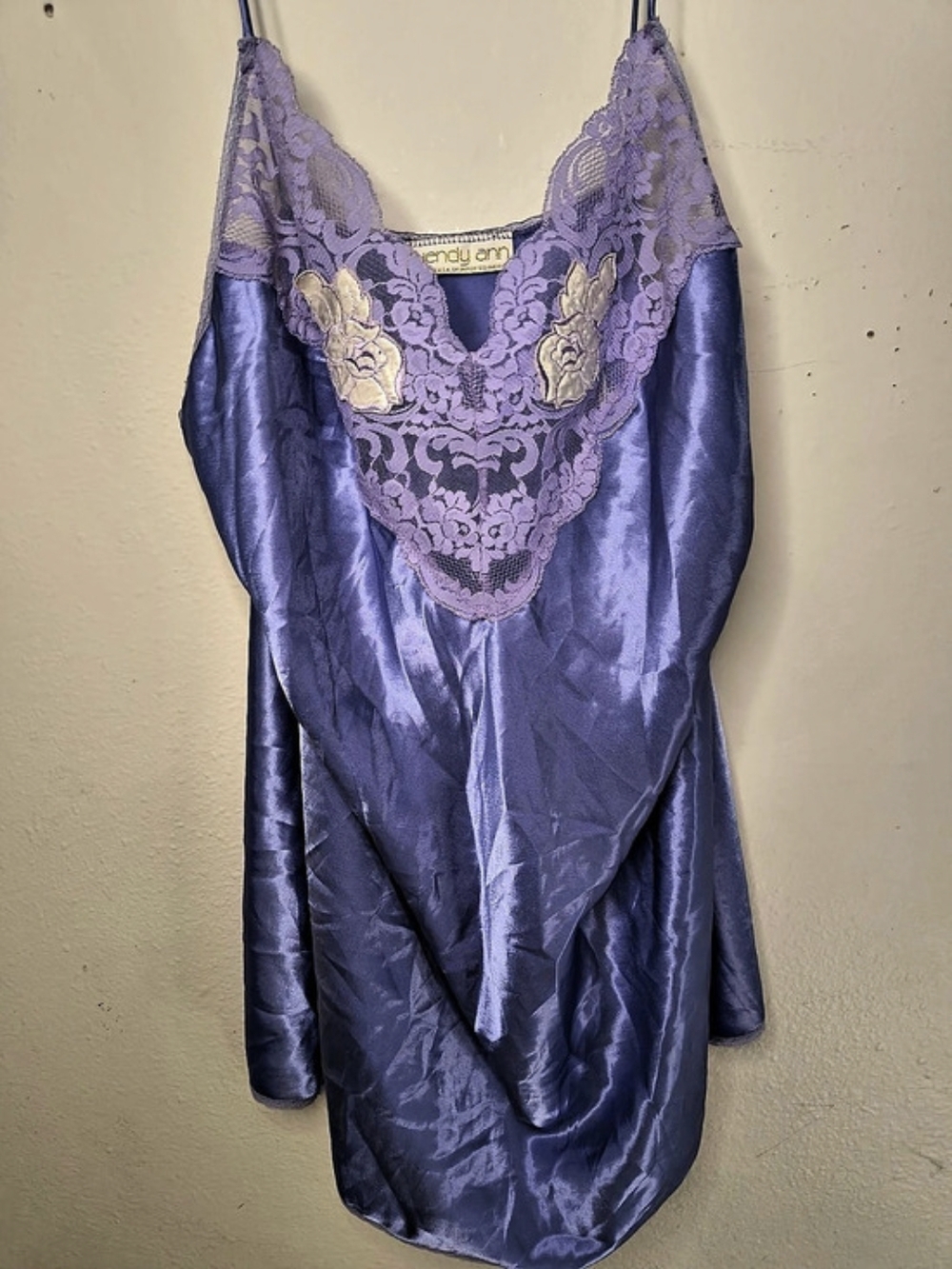 Vintage Wendy Ann Lavender Purple Satin Lace Chemise Slip Dress Lingerie Size L